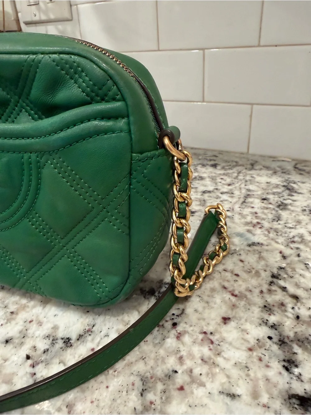Tory Burch Green Quilted Leather Crossbody Bag with Chain Strap
